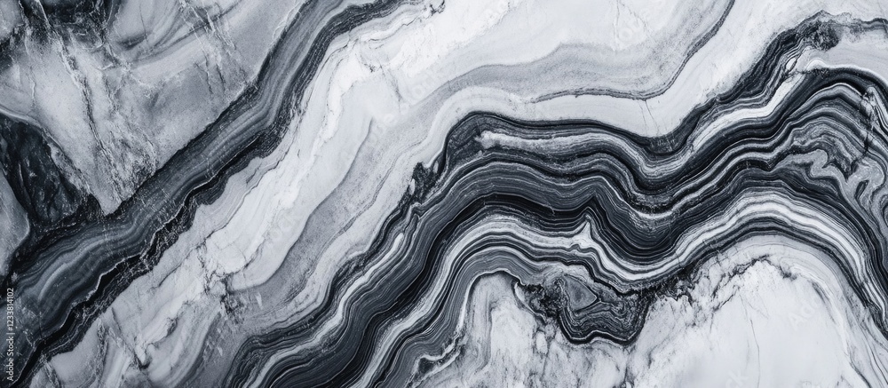 Poster Black and white abstract marble texture with wavy lines and patterns Copy Space