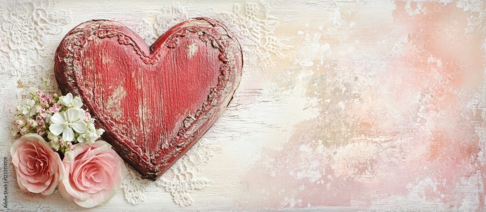 Aufkleber rustic wooden heart decoration with flowers on a textured pastel background and ample copy space for