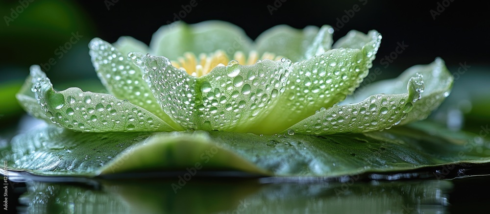 Poster close-up of a water lily with dew drops on petals surrounded by green leaves on a tranquil pond with