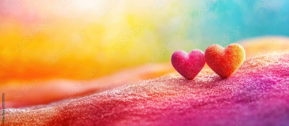 Poster Two colorful heart-shaped candies on a vibrant rainbow background with soft textures and copy space for text.