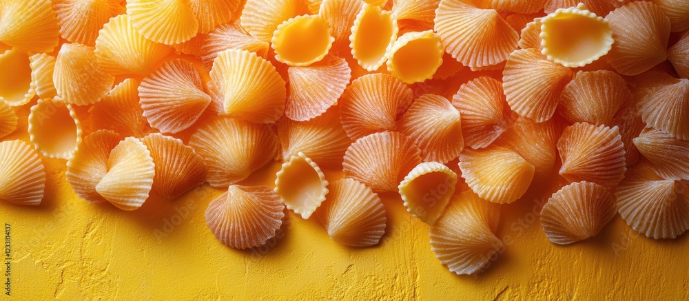 Aufkleber colorful shell-shaped pasta on a textured yellow background with ample copy space for text placement