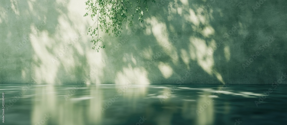 Poster Soft natural light reflections on water surface with greenery shadows and diffuse background Copy Space