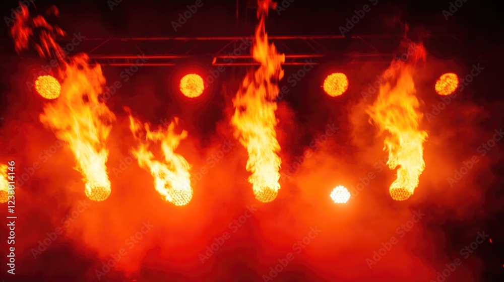 Poster Fire flames with theatrical lighting effects on stage during a performance with smoke background and vibrant red colors Copy Space