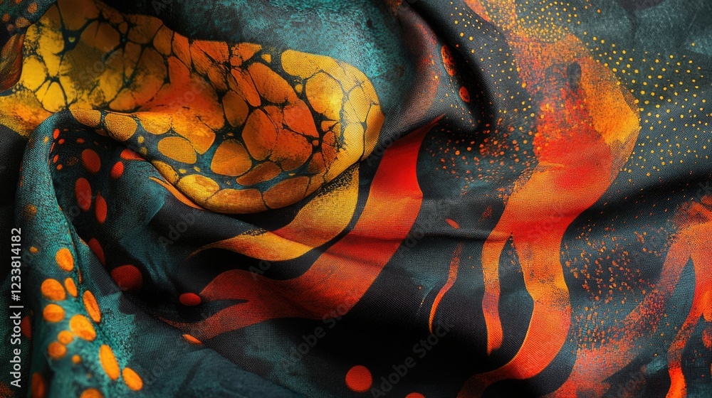 Aufkleber colorful abstract fabric texture with intricate patterns in vibrant hues of orange, yellow, and teal