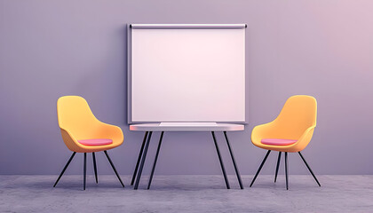 Gourmet food flat lay. Bright meeting space with yellow chairs and blank presentation board