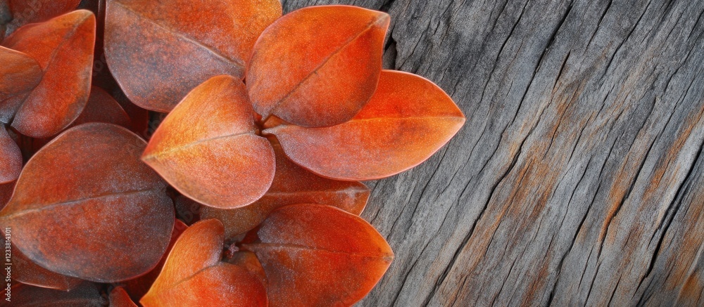 Poster orange leaves on textured wooden background with copy space for text placement.