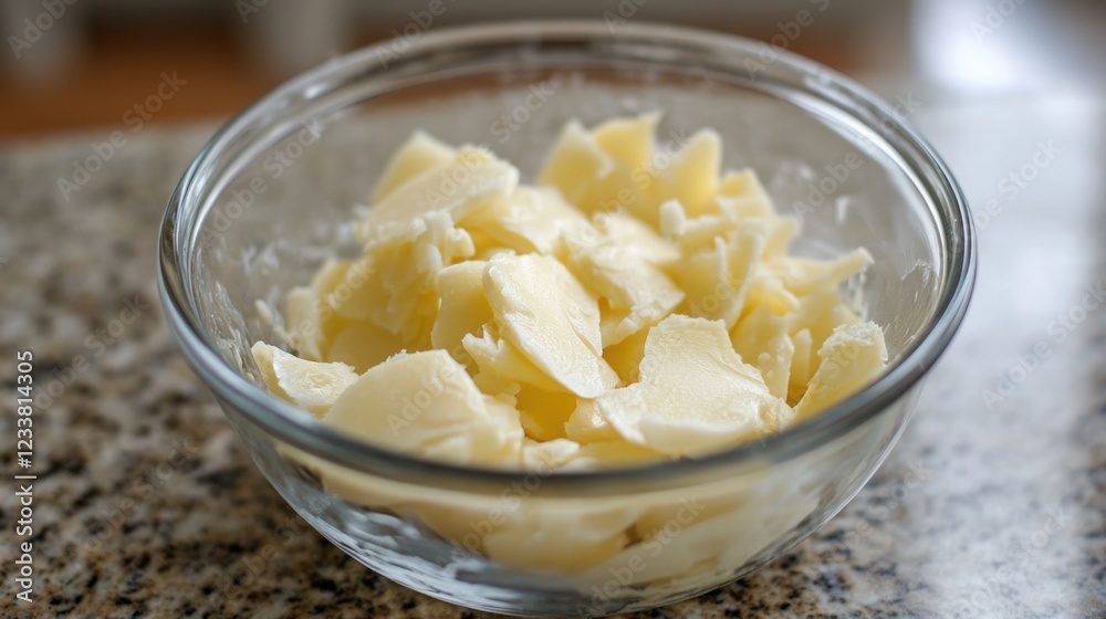 Poster bowl of sliced butter on a granite countertop with copy space for culinary themes