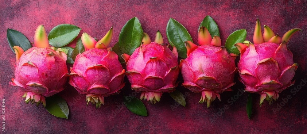Poster five ripe dragon fruits arranged in a row with green leaves on a dark pink textured background copy 