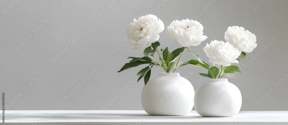 Aufkleber White peony flowers in minimalistic white vases on a simple table with soft grey background Copy Space