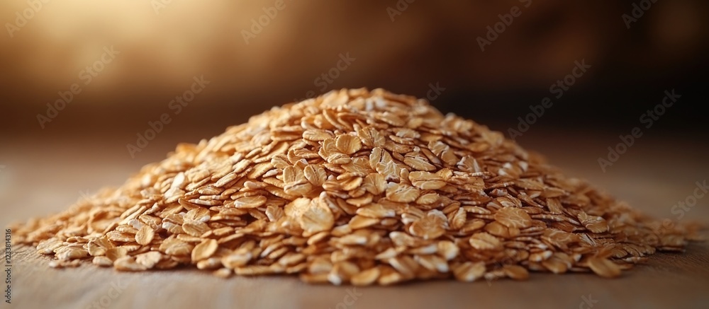 Poster close-up of rolled oats pile on wooden surface with soft natural lighting and copy space for text or