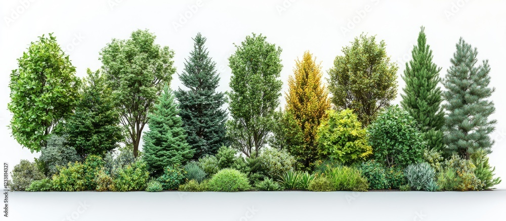 Poster diverse collection of trees and shrubs showcasing various species with vibrant foliage on a white ba