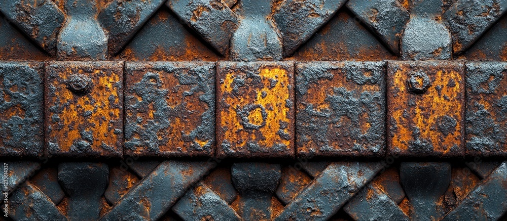 Poster rusty metal surface with textured patterns and aged patina, ideal background for industrial themes, 