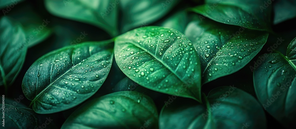 Poster close-up of green leaves with water droplets on surface creating a textured natural background copy 