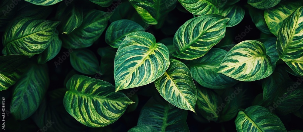 Poster green tropical leaves with variegated patterns on dark background natural textures copy space