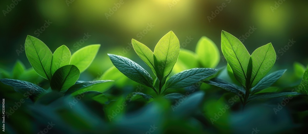 Poster fresh green leaves in soft focus with blurred background and natural light copy space
