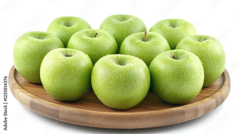 Poster fresh green apples arranged in a circular wooden plate with copy space for text.