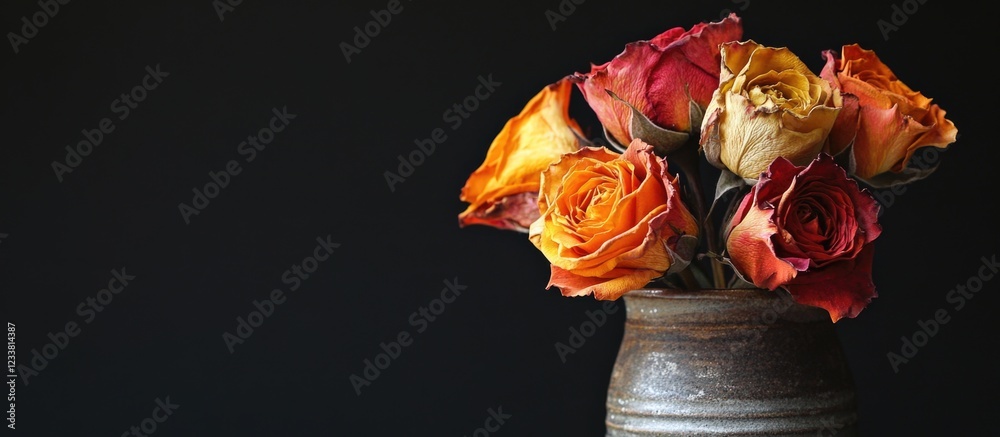 Poster colorful dried roses in a rustic ceramic vase on dark background with copy space for text placement