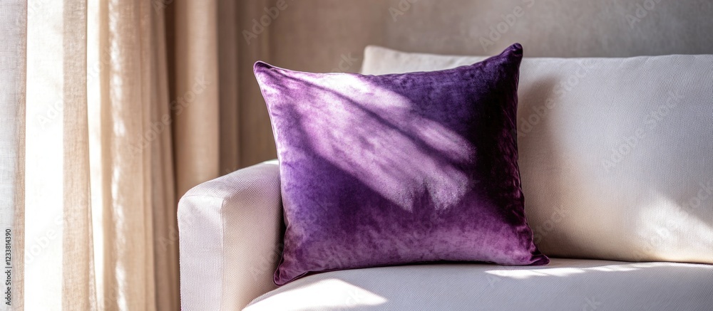 Poster purple decorative pillow on a white sofa with soft light shining through curtains copy space