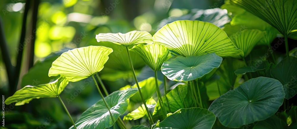 Poster green leaves in sunlight with detailed textures and patterns against a blurred natural background co