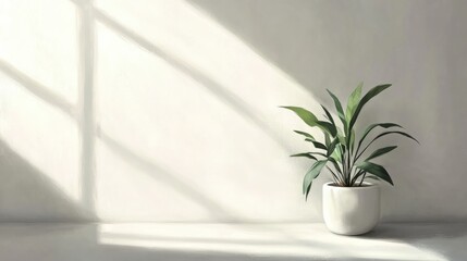 Indoor plant in minimalist white pot with soft shadows from window on light wall background Copy Space