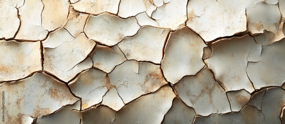 Poster Peeling paint texture with cracks and rust on surface, abstract background with copy space for text.
