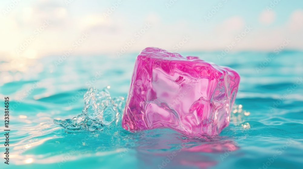 Aufkleber pink ice cube floating on water surface with splash and sunlight reflections copy space