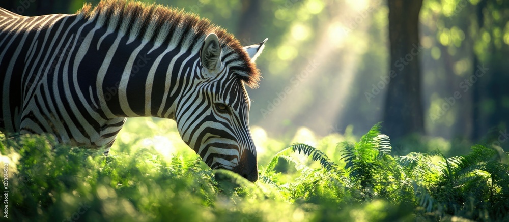Poster Zebra grazing among lush ferns in a sunlit forest with soft rays of light filtering through trees Copy Space
