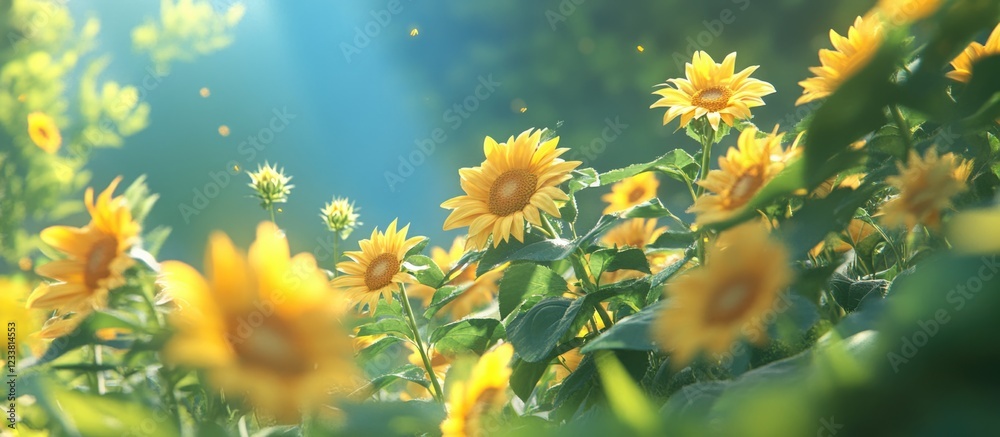 Poster Sunflower field with vibrant yellow blooms under sunlight with bokeh effect and soft focus creating dramatic background and Copy Space.