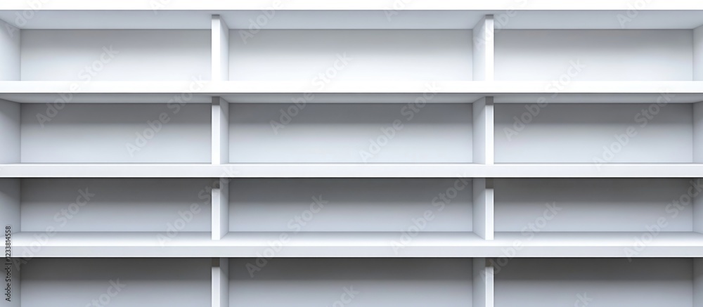 Poster empty white shelving unit with multiple compartments and copy space for text or design elements.
