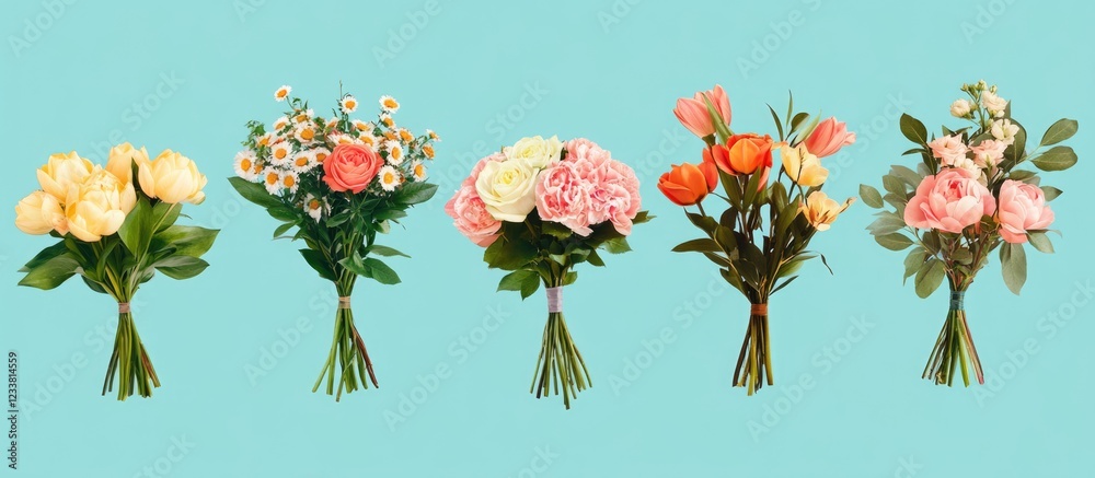 Poster Assorted flower bouquets in different arrangements on a light blue background with Copy Space for text