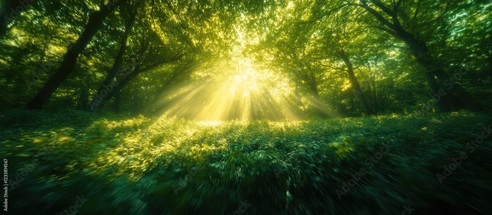 Aufkleber sunlight rays illuminating lush green forest landscape with copy space for text