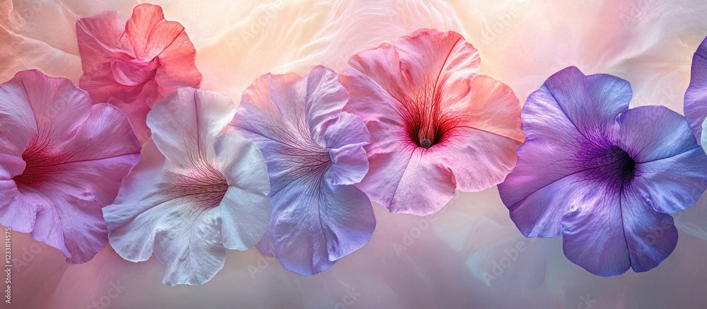 Poster Colorful translucent flowers with soft petals arranged in a line on a textured background Copy Space