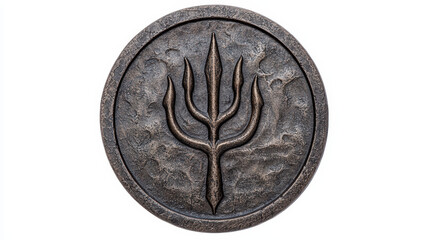 Ancient coin featuring trident symbol, showcasing aged metal texture