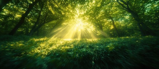 Obraz premium Sunlight Rays Illuminating Lush Green Forest Landscape with Copy Space for Text