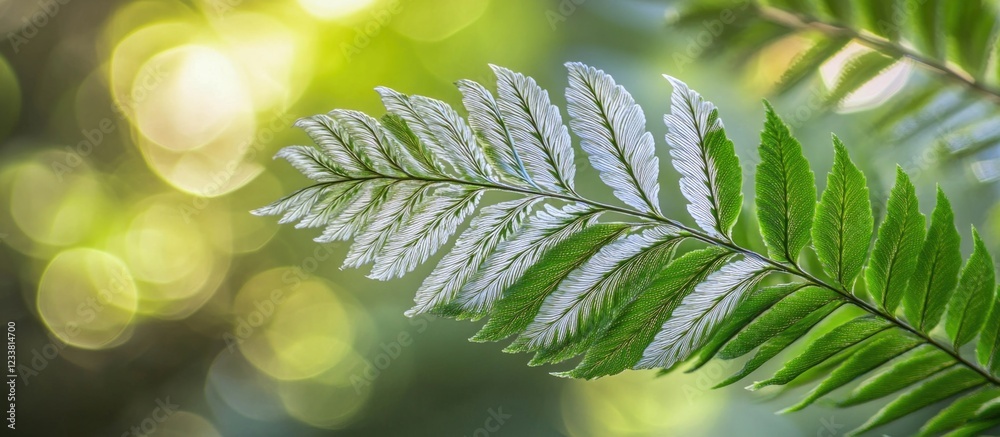 Poster close-up of green fern leaf with sunlight and bokeh background copy space