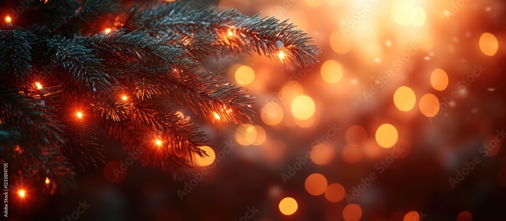 Aufkleber Christmas tree branches with glowing lights and bokeh effect in warm tones featuring ample copy space for text insertion.