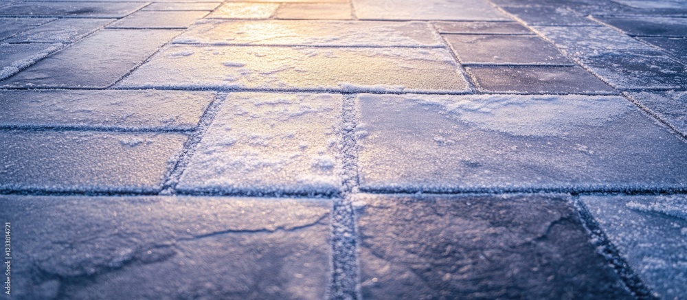 Poster frozen pavement tiles with frost and ice, cold winter surface, textured ground with copy space for t