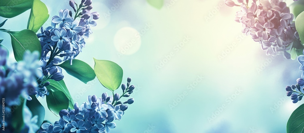 Poster colorful floral background with lilac flowers and green leaves, featuring soft bokeh effect and copy
