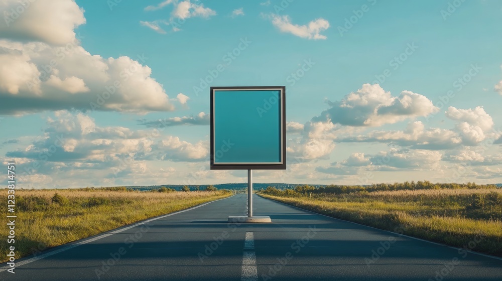 Poster empty billboard sign on clear road in open landscape with blue sky and clouds copy space