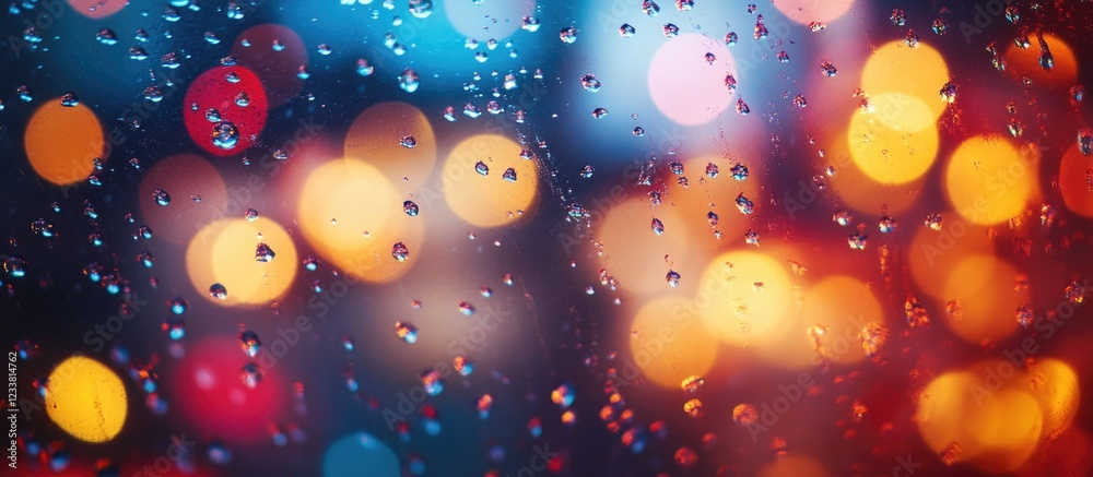 Poster colorful bokeh lights with rain droplets on glass surface and copy space for text