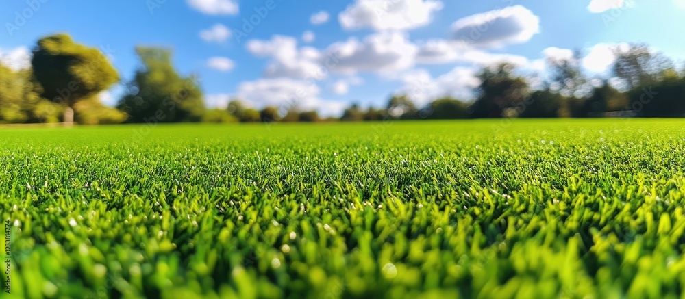 Poster lush green grass field with vibrant color under blue sky and white clouds in a sunny landscape copy 