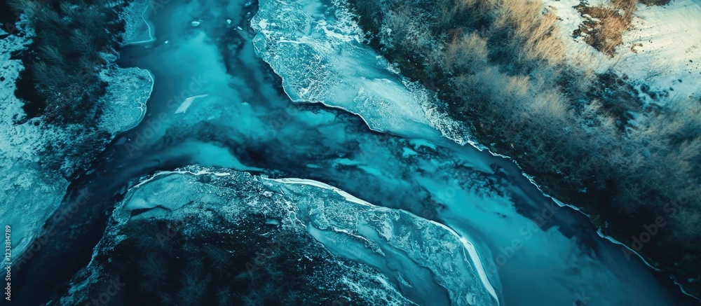 Poster Aerial view of a river with winding patterns in the water and surrounding winter landscape Copy Space