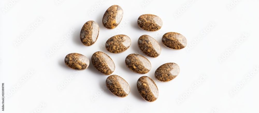 Fototapete brown oval stones with unique patterns arranged on a white background with copy space for text.