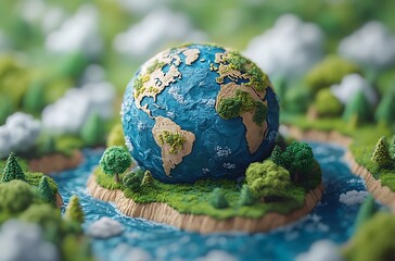 Handmade Earth model close up with green leaves