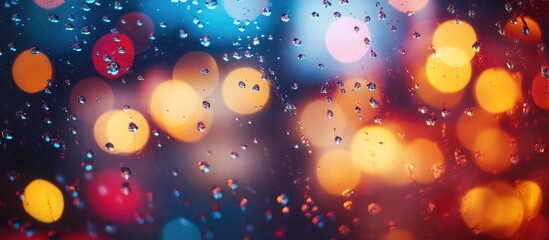 Obraz premium Colorful Bokeh Lights with Rain Droplets on Glass Surface and Copy Space for Text
