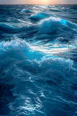 Fototapeta premium Mesmerizing Ocean Waves Rolling Towards the Shore with Sunlight Reflection and Frothy White Foam - A Tranquil yet Powerful Scene