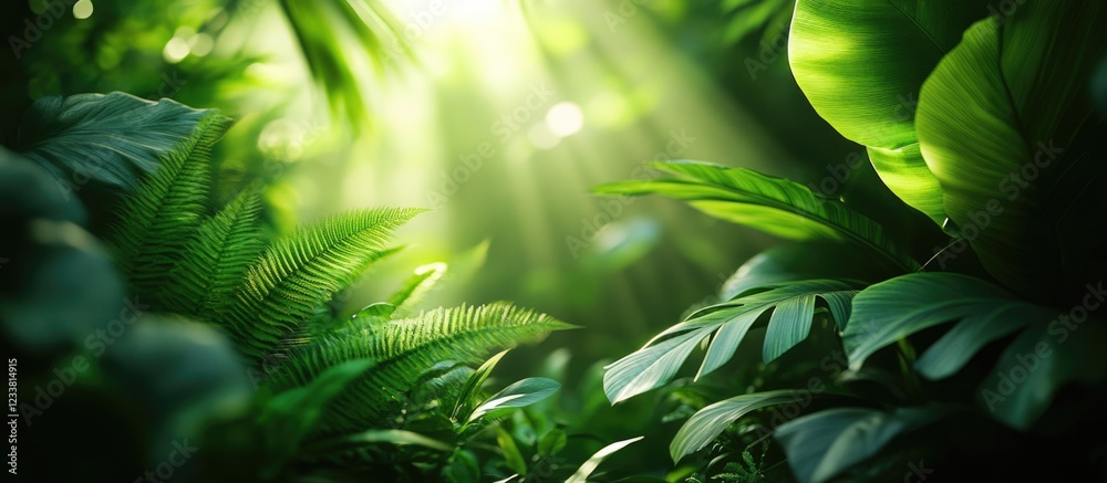 Poster lush green foliage with sunlight streaming through in a tropical rainforest setting copy space
