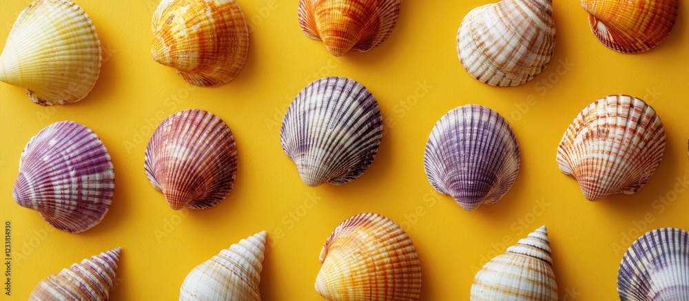 Poster Colorful seashells arranged in a grid pattern on a vibrant yellow background with copy space for text