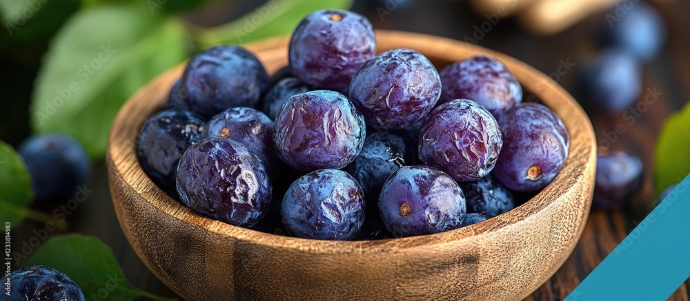 Poster fresh blueberries in a wooden bowl on a rustic surface with green leaves and blurred background copy