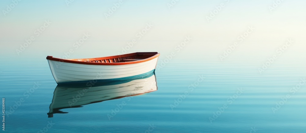 Poster Lonely wooden boat floating on calm water with serene reflection and soft color gradient in the background Copy Space